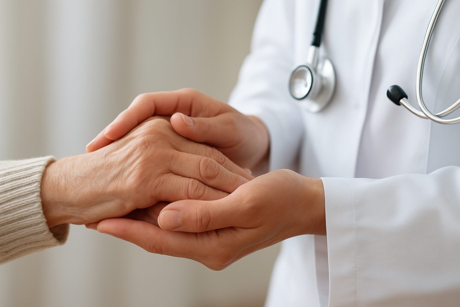 A caregiver's hands gently holding an elderly person's hand, showcasing a supportive interaction